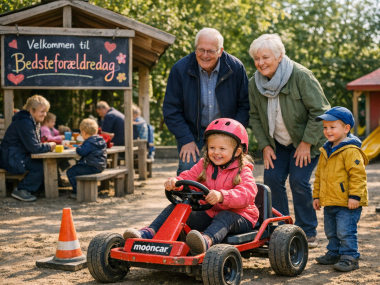 AI billede af et bedsteforældrepar som står og ser deres barnebarn kører på mooncar på legepladsen.